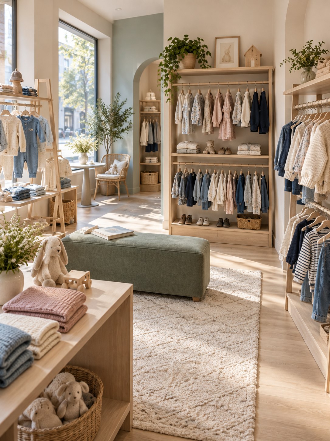 Ambiente fictício de uma boutique infantil contemporânea